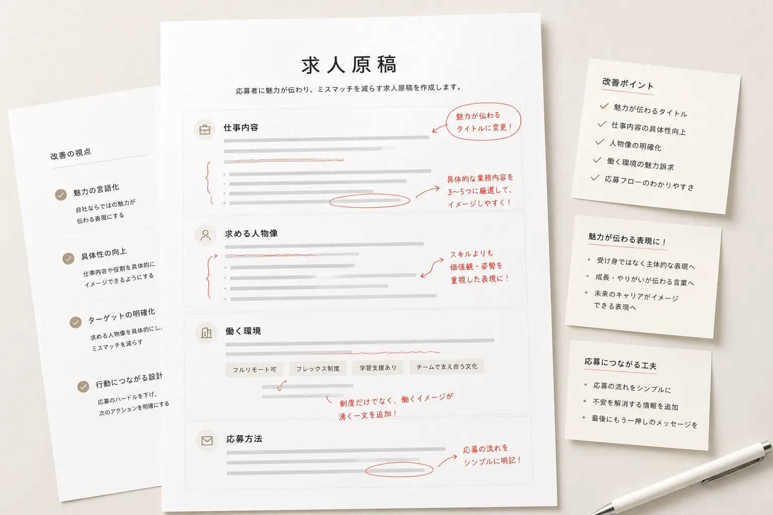 求人原稿の改善と職種情報を整理した資料
