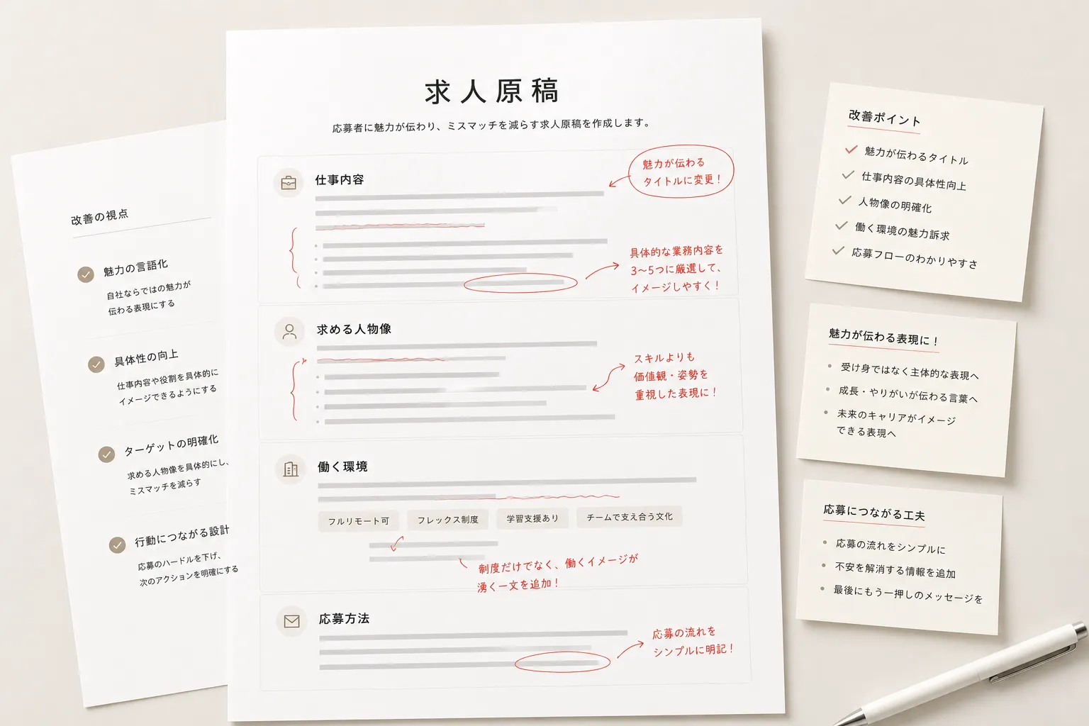 求人原稿の改善と職種情報を整理した資料