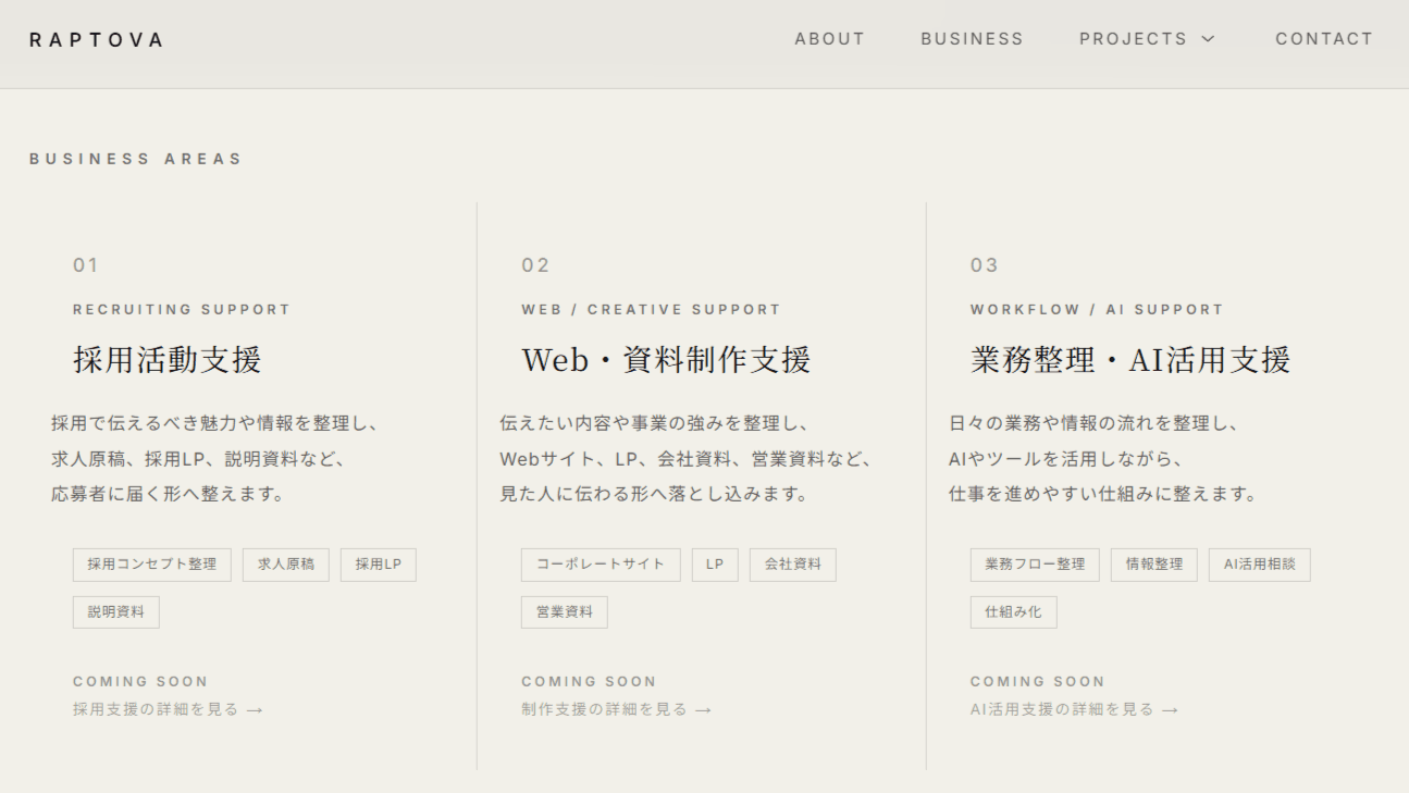 RAPTOVA公式サイト — BUSINESS AREAS